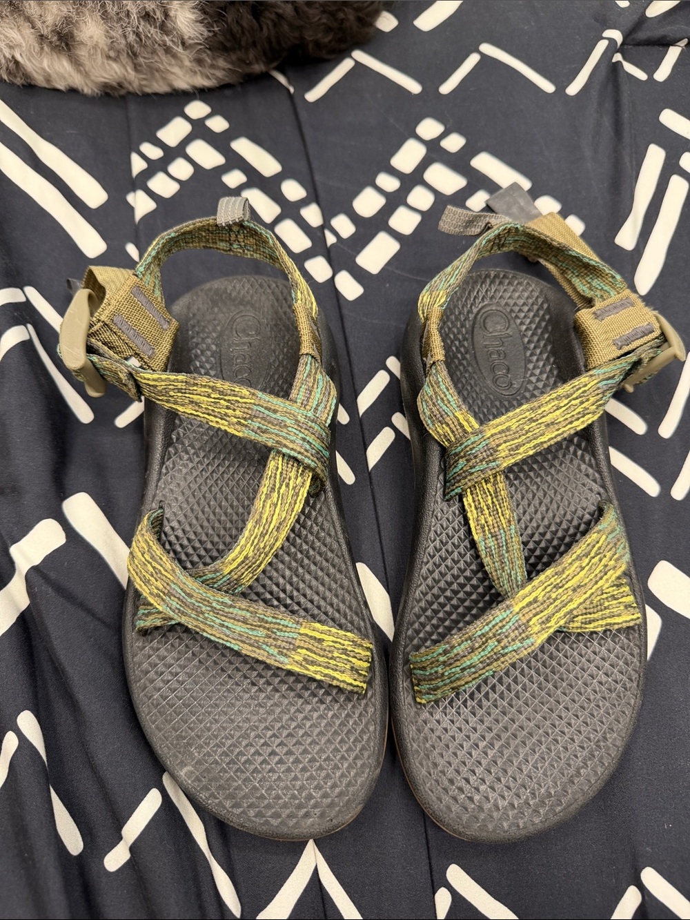 Kids size 3 Chaco Black Sandals with Yellow and Green Webbing